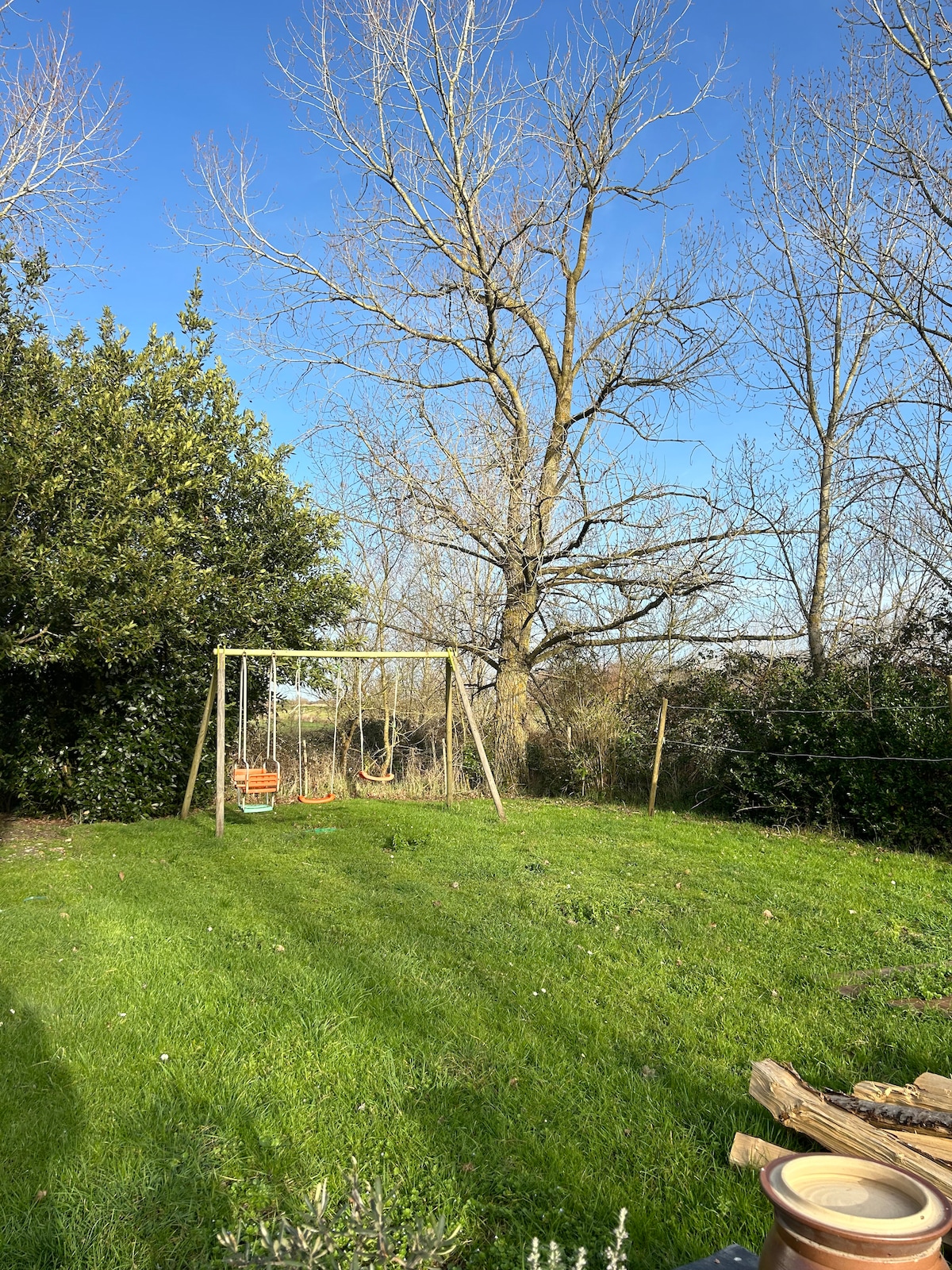 A spacious garden is presented, featuring a swing set positioned on a lush green lawn. Surrounding greenery includes a variety of trees, with a clear blue sky above. The area is open and invites relaxation and outdoor activities.