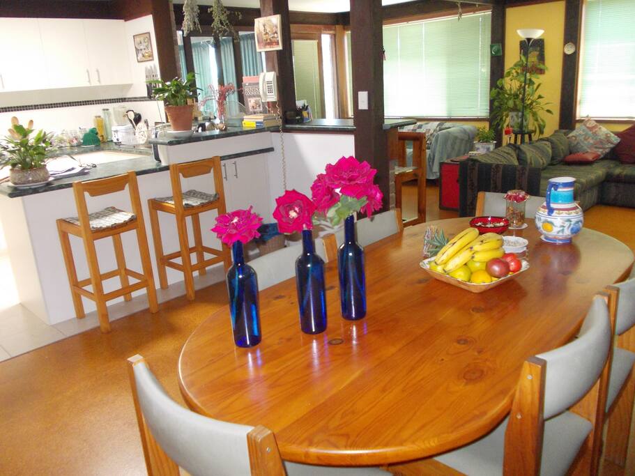 Dining room/Family area with neighbours beautiful red roses!