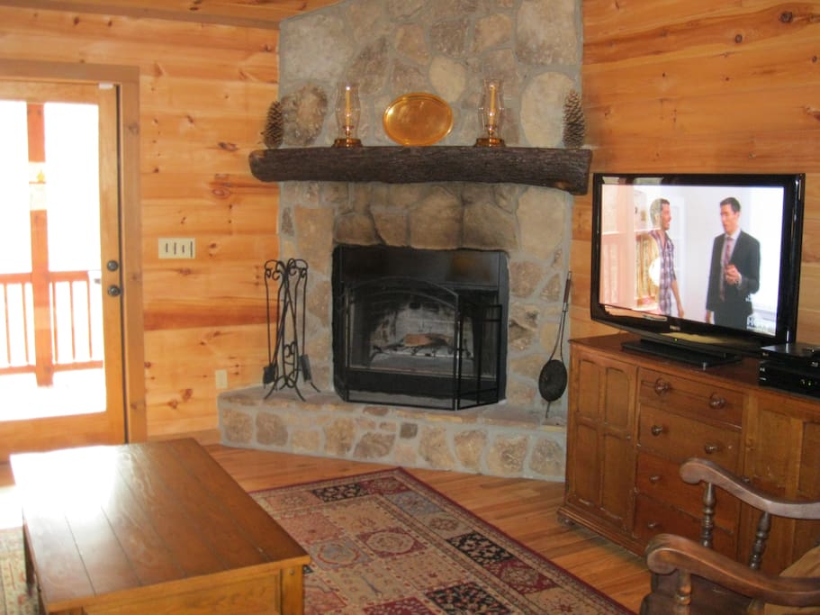 Living room wood burning fireplace