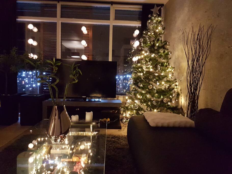 Living Room at night with Christmas Decoration