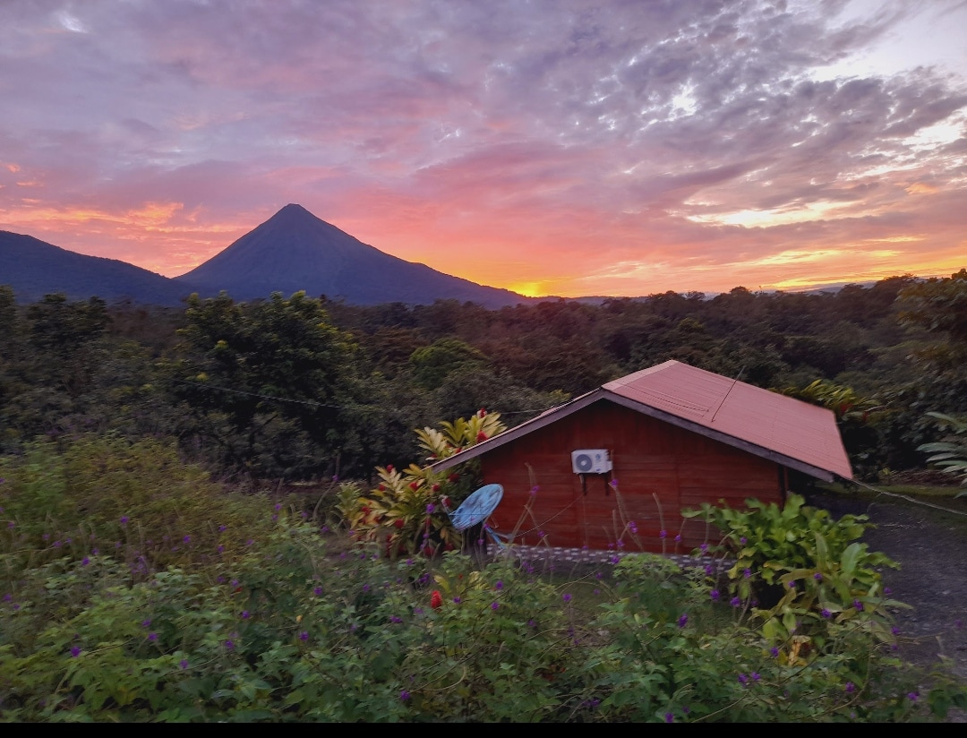 A cabin is nestled among lush greenery with a view of the Arenal Volcano against a vibrant sunset sky. The surrounding foliage features a variety of plants, and an air conditioning unit is visible on the cabin's exterior.