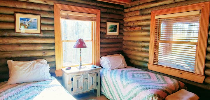 Cozy twin room with forest and back-porch views.