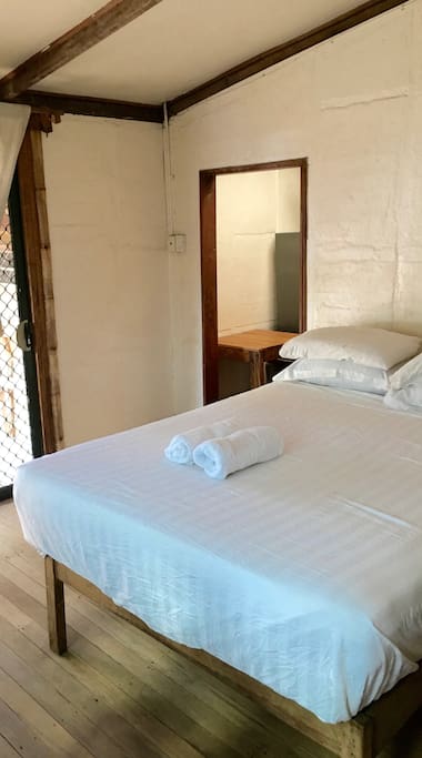 Queen size bed, 4 pillows and mosquito net