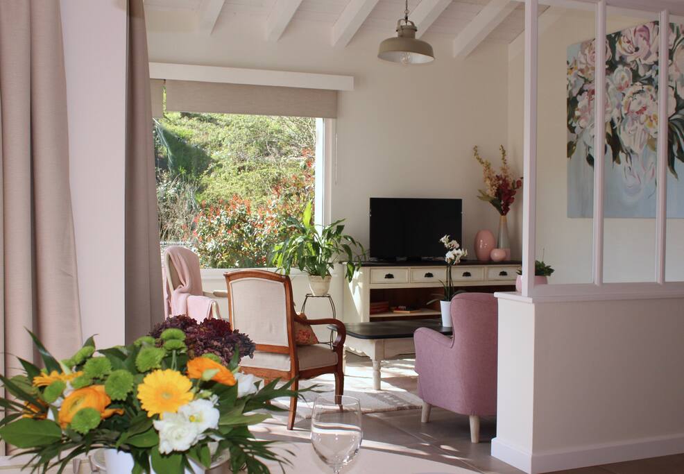 grand salon ouvert sur la terrasse