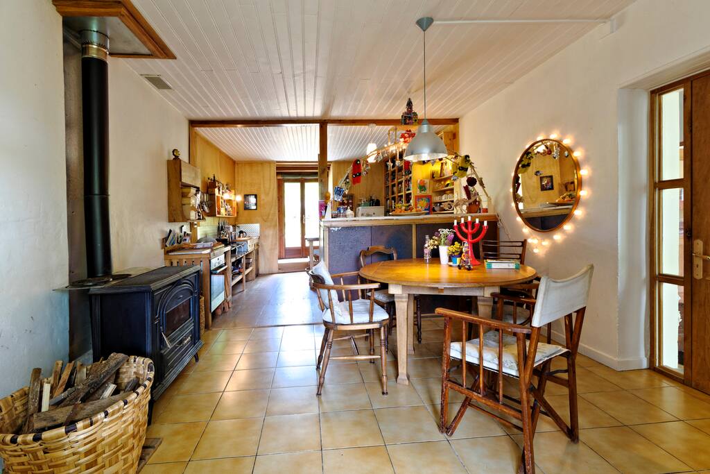 Open plan kitchen and inside dining area