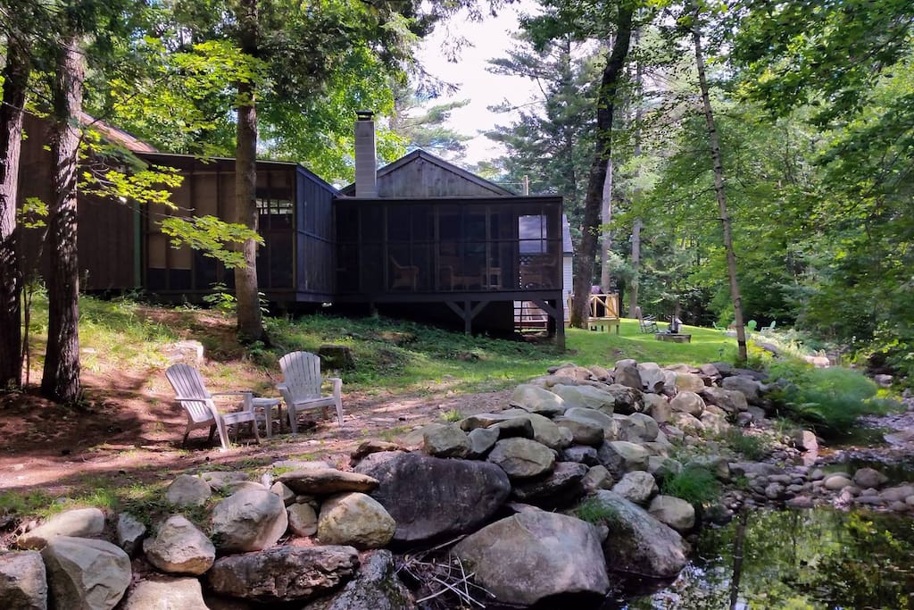 L-shaped screen porch, view from swimming hole