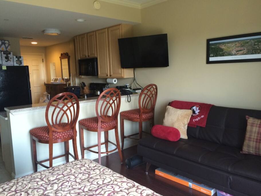 Futon bed, HD TV w/Cable, bar top