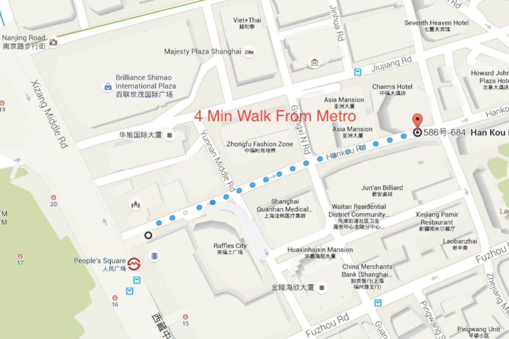As you can see its only 4 mins walk from Peoples Square Metro. Very Convenient To Airports, Trains, and Other Tourist Destinations In Shanghai