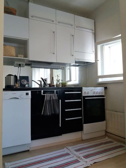 Small kitchen with fridge/freezer, stove, dish washing machine, kettle and Bialetti moccha maker.