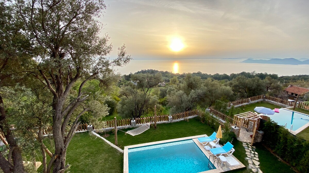 A scenic view features the sun setting over the sea, casting warm light across the horizon. A swimming pool with blue lounge chairs is positioned in a lush garden, alongside olive trees, offering a peaceful outdoor setting. The surrounding greenery enhances the serene atmosphere.