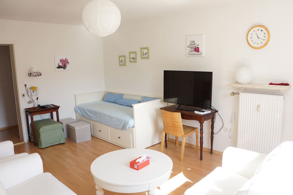 Wohnzimmer mit Schlafcouch, TV, Telefon