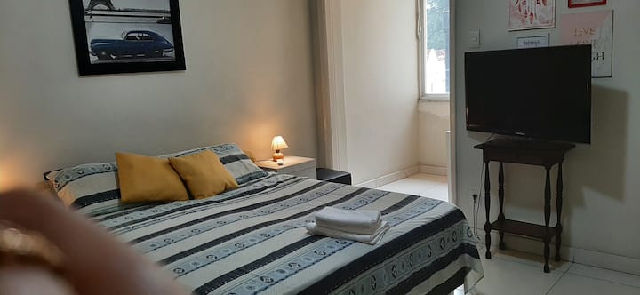 Დიდი ფლიგელი კონდიციონერით, ჭერის ვენტილატორით, სმარტ-ტელევიზორითა და ორადგილიანი საწოლით, რომელიც შეიძლება დაიყოს 2 ერთადგილიან საწოლად