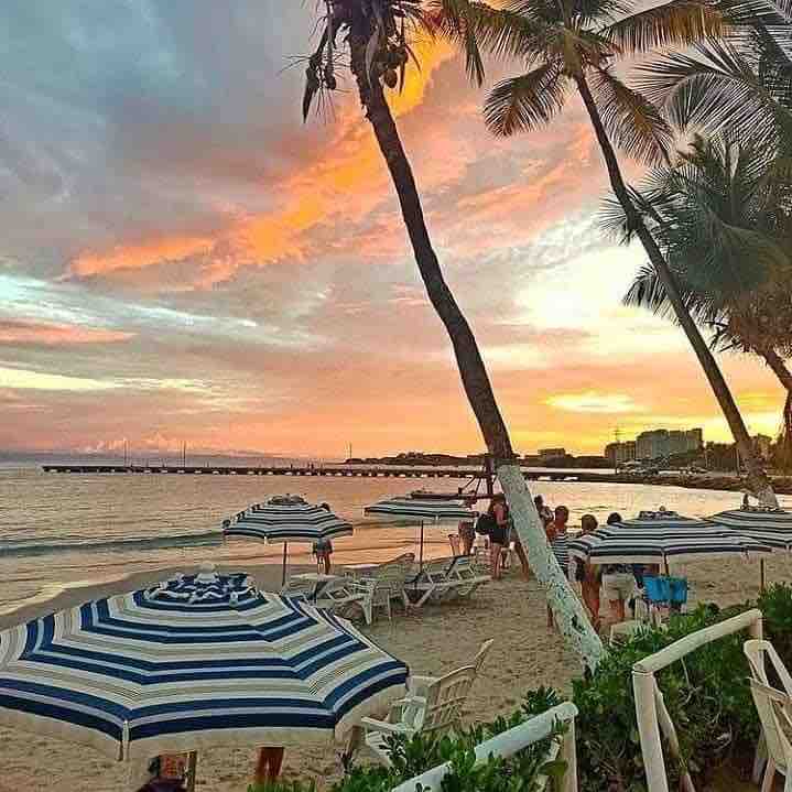 A golden sunset paints the sky in hues of orange and pink over a tranquil beach. Striped beach umbrellas are arranged on the sand, with lounge chairs positioned for relaxation. Tall palm trees provide shade, framing the picturesque seascape in the background.