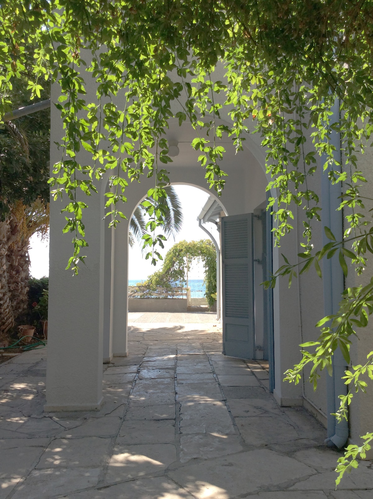 An arched pathway framed by vibrant greenery leads to a view of the sea. The setting features white walls and natural stone flooring, with blue doors partially open, inviting light and fresh air into the space.