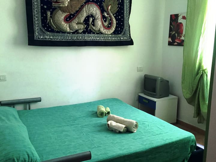 חדר ירוק לאורחים עם מיטת קווין סייז ושולחנות ליד המיטה 