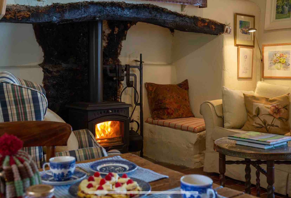 A cozy living area is highlighted by a traditional wood-burning stove set against a rustic bark wall. Comfortable seating options include a patterned armchair and a snug nook. A wooden table is adorned with delicate dishes, while warm light enhances the inviting atmosphere.