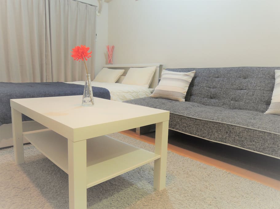 1 double sized bed and 1 wide single sized sofa bed for max 3 guests.