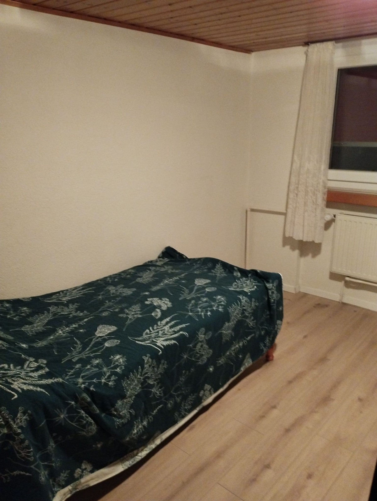 A simple bedroom features a single bed draped with a patterned green blanket. Light wood flooring complements the neutral wall color. A window with sheer curtains allows natural light to enter, while a radiator is positioned below for heating.