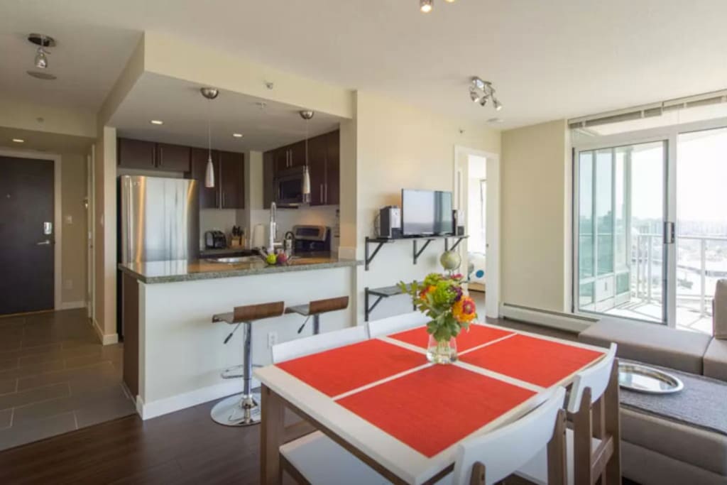 Eat your meals in comfort with easy access to the open kitchen. Watch television (Netflix only). Listen to music via Bluetooth speakers.