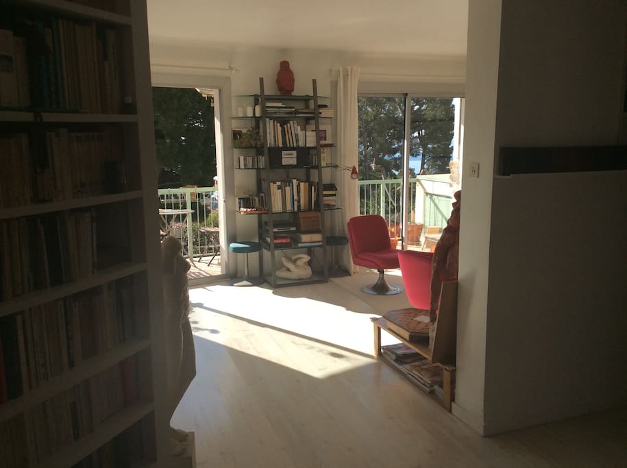 Hall d'entrée avec bibliothèque.