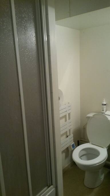 Douche comportant toilettes et lavabo (+ miroir) et prises