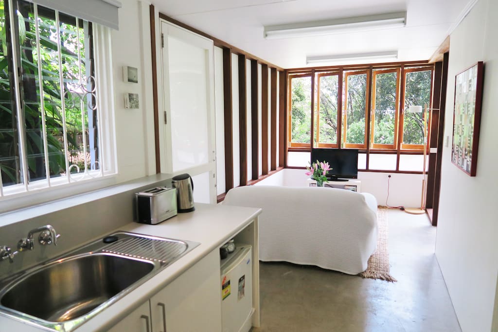 Kitchenette and lounge have lots of natural light.