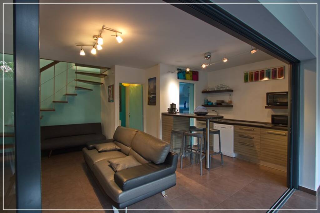 salon et cuisine ouverte avec bar