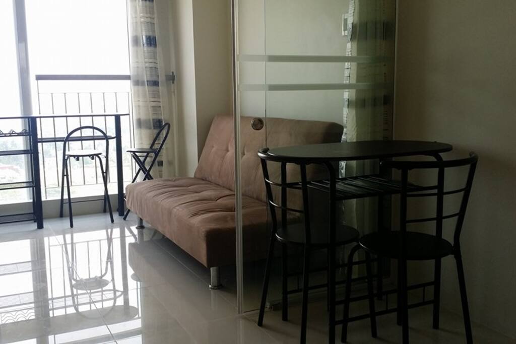 Dining with a view! 2 seater breakfast table + Sofa Bed in kitchen/living room + 2 seater dining table in bedroom