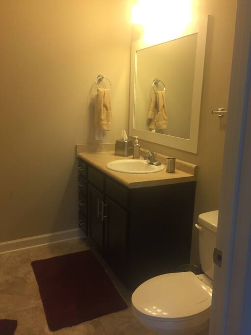 Private bath connected to bedroom. Clean towels will be provided. Shower.