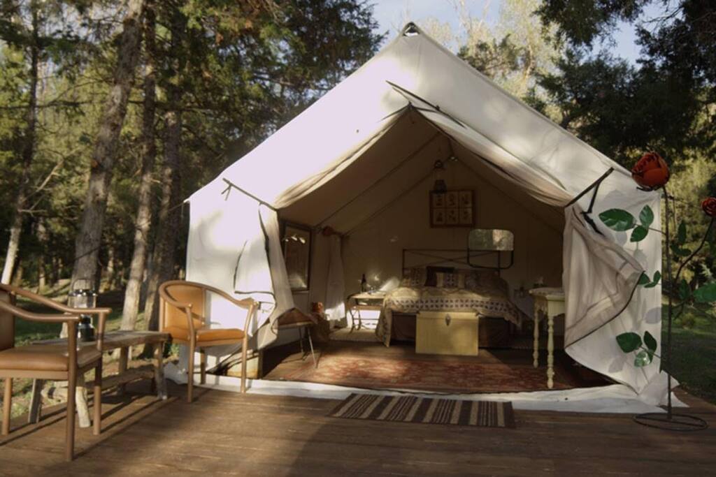 Glamping tents at Norwegian Wood Ranch in Helena, MT. 