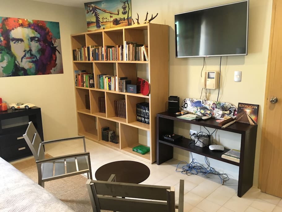 Main room with a colection of books , tv smart, wifi, air conditionar, closet , king size bed, Bosé speaker , dvd player.