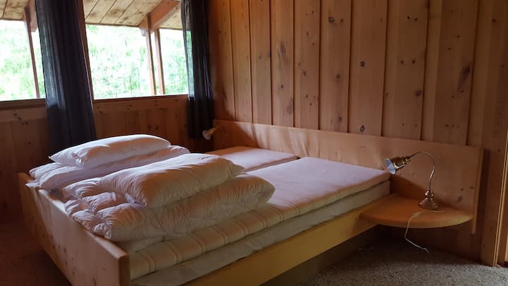 卧室位于主楼层。有门到门廊。