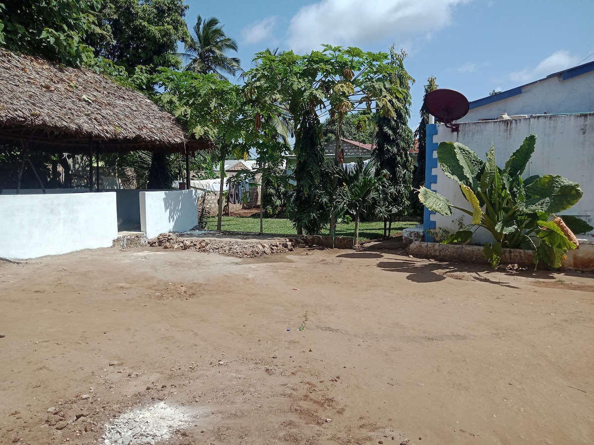 An open sandy area is surrounded by lush greenery, featuring a thatched-roof structure and various tropical plants. A satellite dish is mounted on the wall of a nearby building, and the scene is complemented by bright blue skies and scattered clouds.