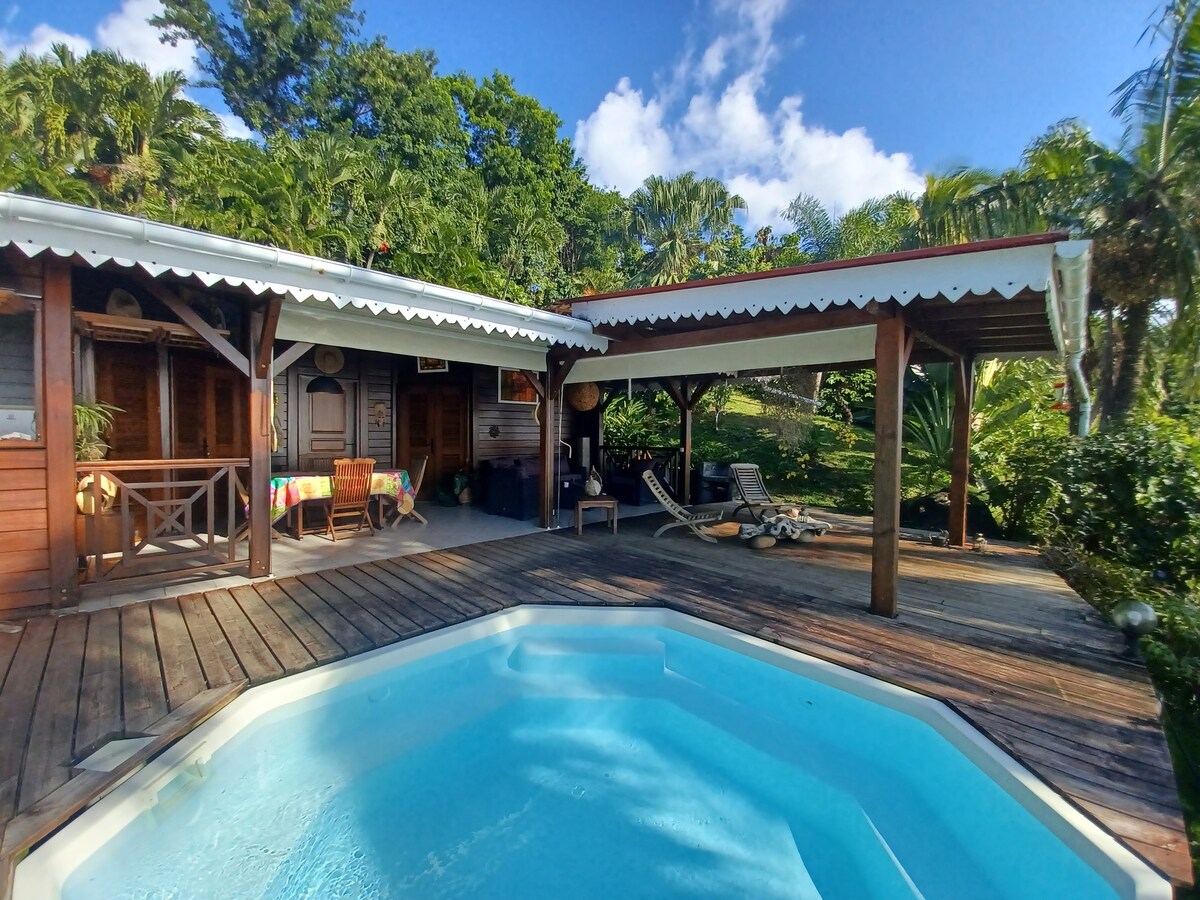 A wooden chalet features a private swimming pool in the foreground, surrounded by a spacious wooden deck. Tropical greenery creates a lush backdrop, while the terrace extends from the main structure, providing shade and an inviting space for relaxation.