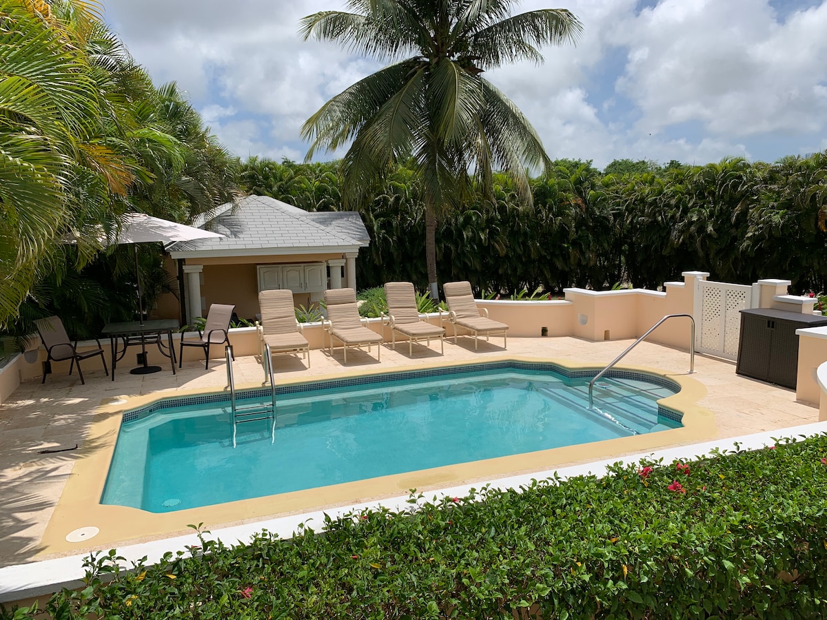 A private pool area is framed by lush greenery, featuring a clear water pool with steps leading in. Several lounge chairs are arranged around the pool's edge, complemented by a shaded seating area under an umbrella, inviting relaxation in a tranquil setting.