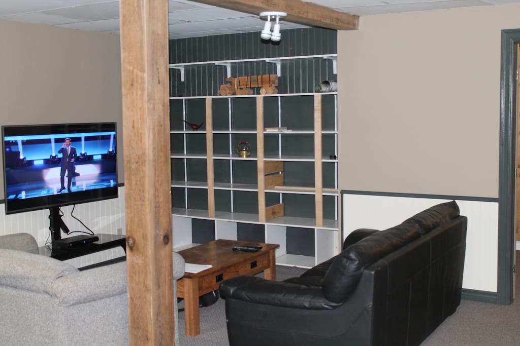 Large living area and sleep couch with 60 inch tv