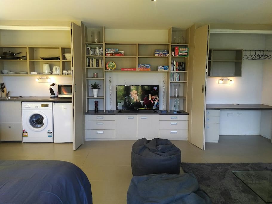 Kitchen, TV, wardrobe and desk