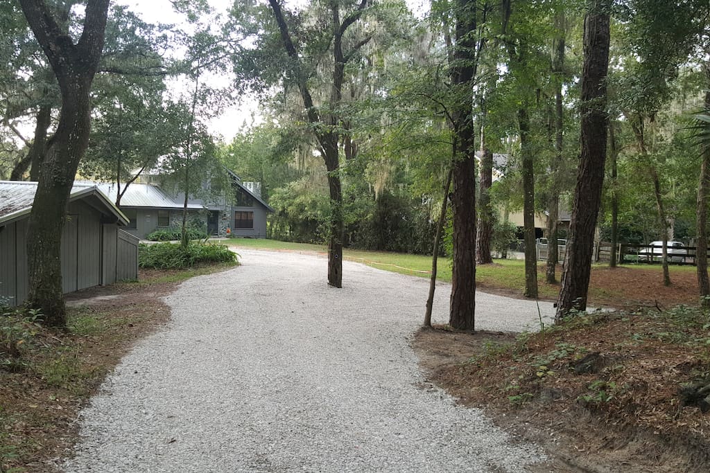 Winding driveway into pristine tranquility.