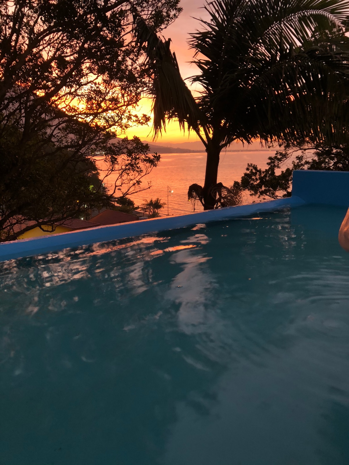 A serene view of a tranquil water surface reflects the warm colors of a sunset. Lush tropical vegetation frames the scene, providing a sense of privacy. The horizon showcases gentle waves meeting the sky, creating a peaceful ambiance.