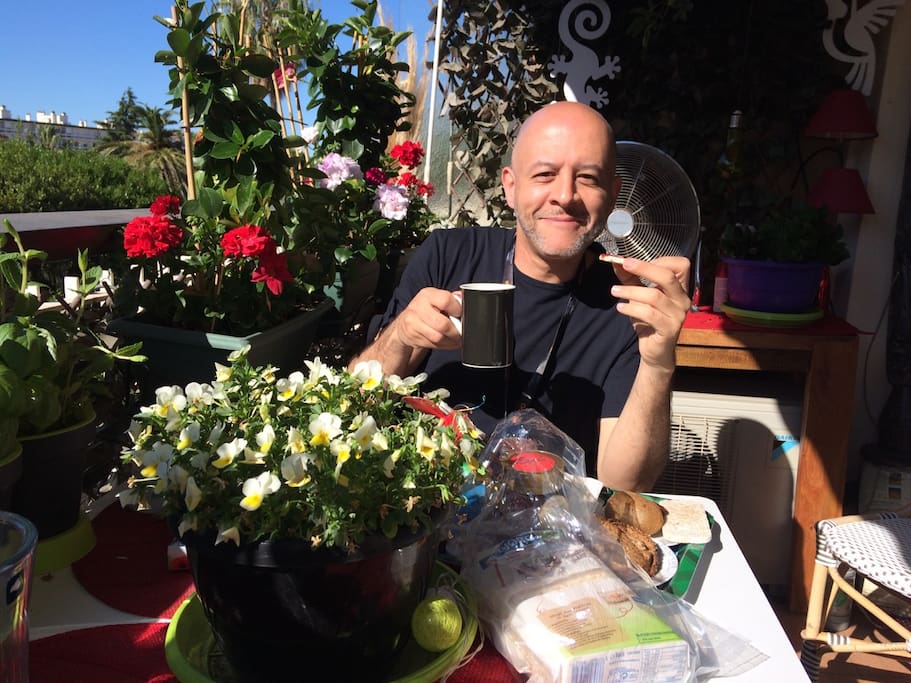 un invité "très malheureux " au petit déjeuner ,sur la petite terrasse! (festival de Cannes : temps magnifique)