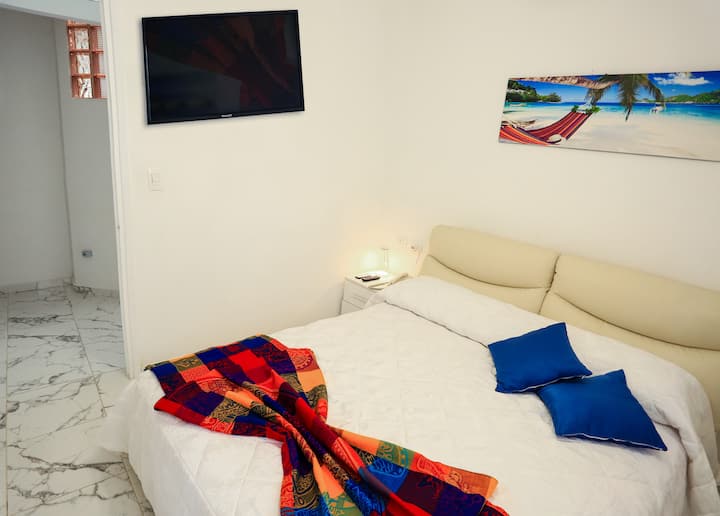 Habitación luminosa,airioso con  baño, con cama matrimonial europea con colchon made en Italia ,armario empotrado,split, caja fuerte, minibar,tv plasma,ventilador de techo.