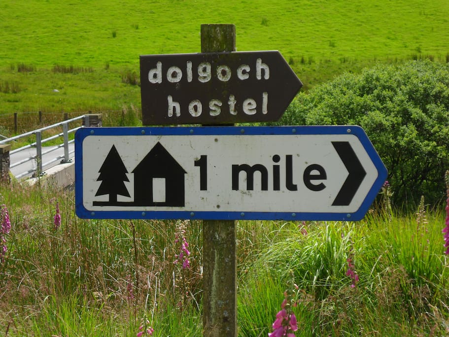 Hostel is a mile down well made up track off drovers' road between Tregaron and Llanwrtyd Wells.