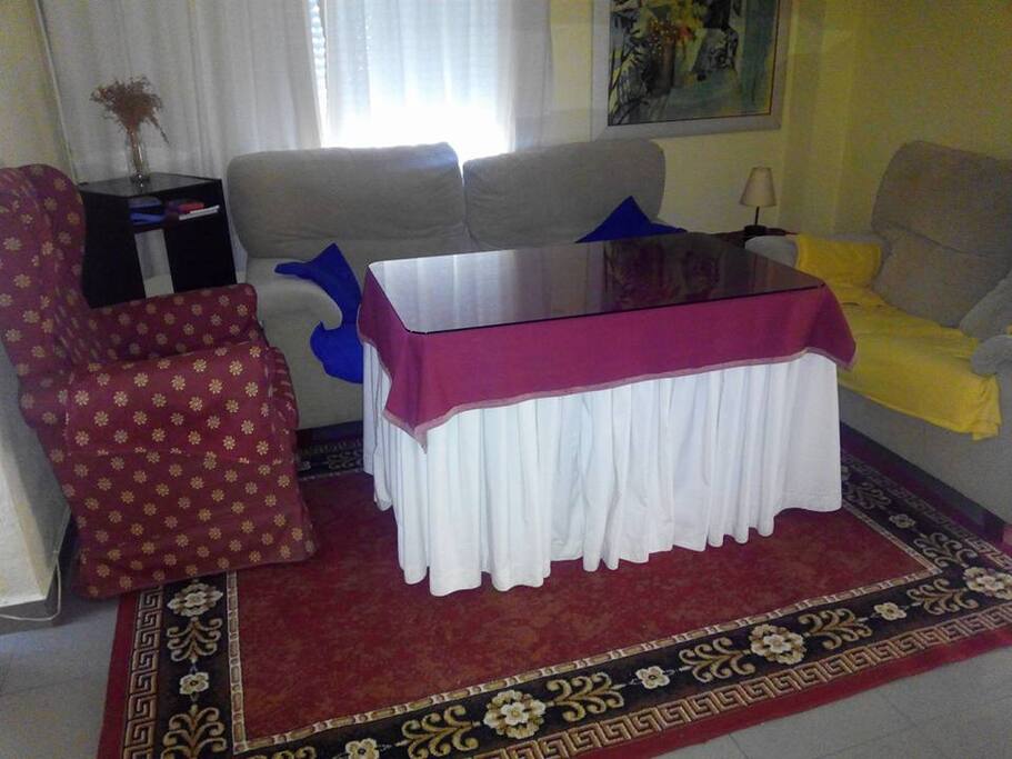 salon de invierno con alfombra y calefactor