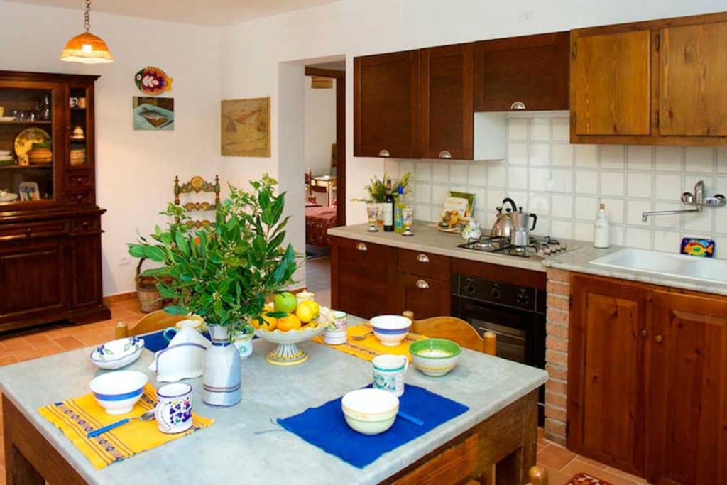 The kitchen is the largest room in the apartment. Fully equipped with gas cookers, oven, fridge, microwave.