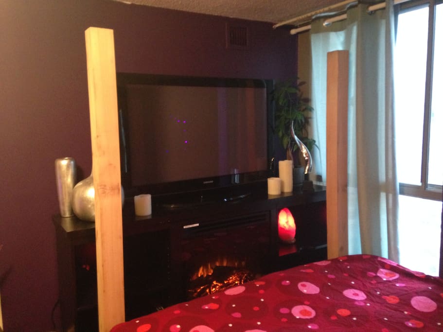 46" Plasma TV with electric fireplace heater.