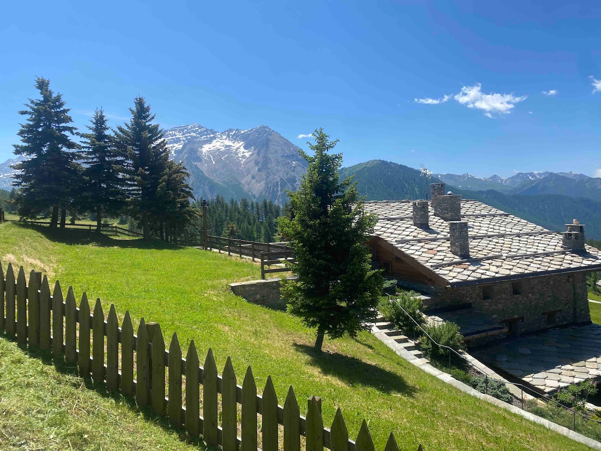 A scenic view of a stone building surrounded by well-maintained grassy areas and several coniferous trees. The backdrop features snow-capped mountains under a clear blue sky, creating a serene outdoor atmosphere.