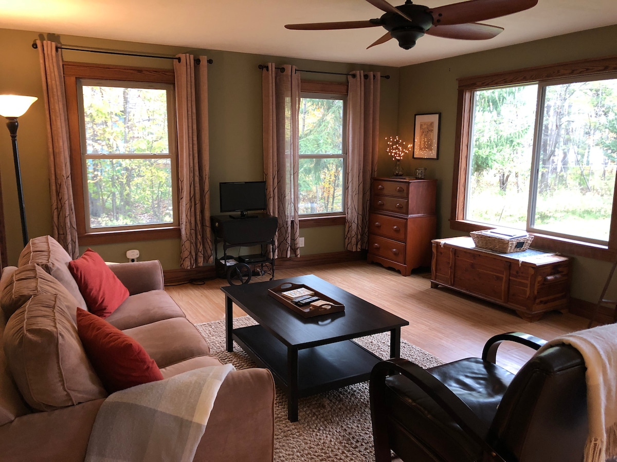 A comfortable living area features a large sofa and an armchair, arranged around a central coffee table. Two windows provide natural light and views of the outside greenery. A wooden dresser and a side table add functionality to the space.