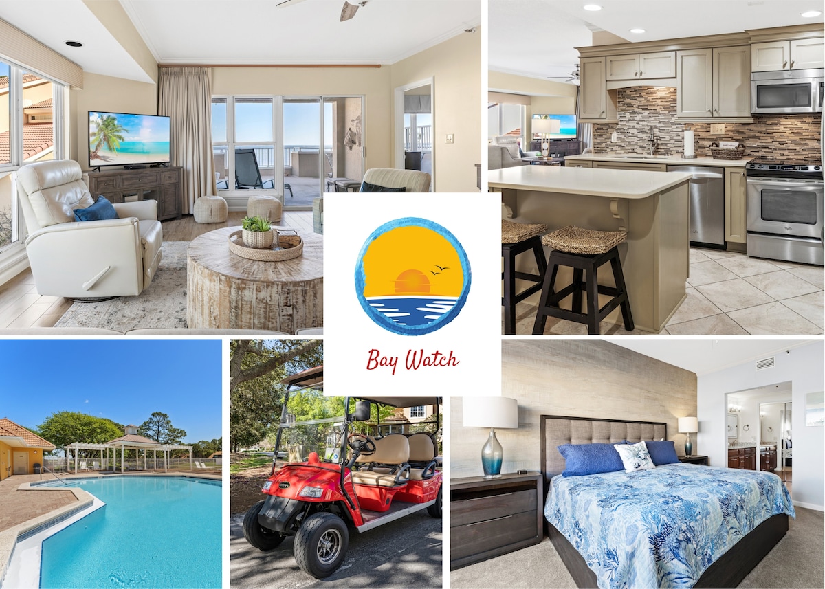 An inviting living room features comfortable seating and large windows offering views of the outdoors. The open kitchen boasts modern appliances and a spacious island, while a serene bedroom showcases a cozy bed adorned with decorative bedding. A swimming pool and golf cart are visible in the communal area.