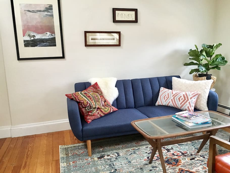 Comfortable futon provides accommodations for six
