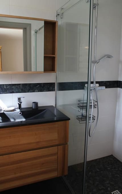 Salle de bain: grande douche à l'italienne, vasque et rangements.